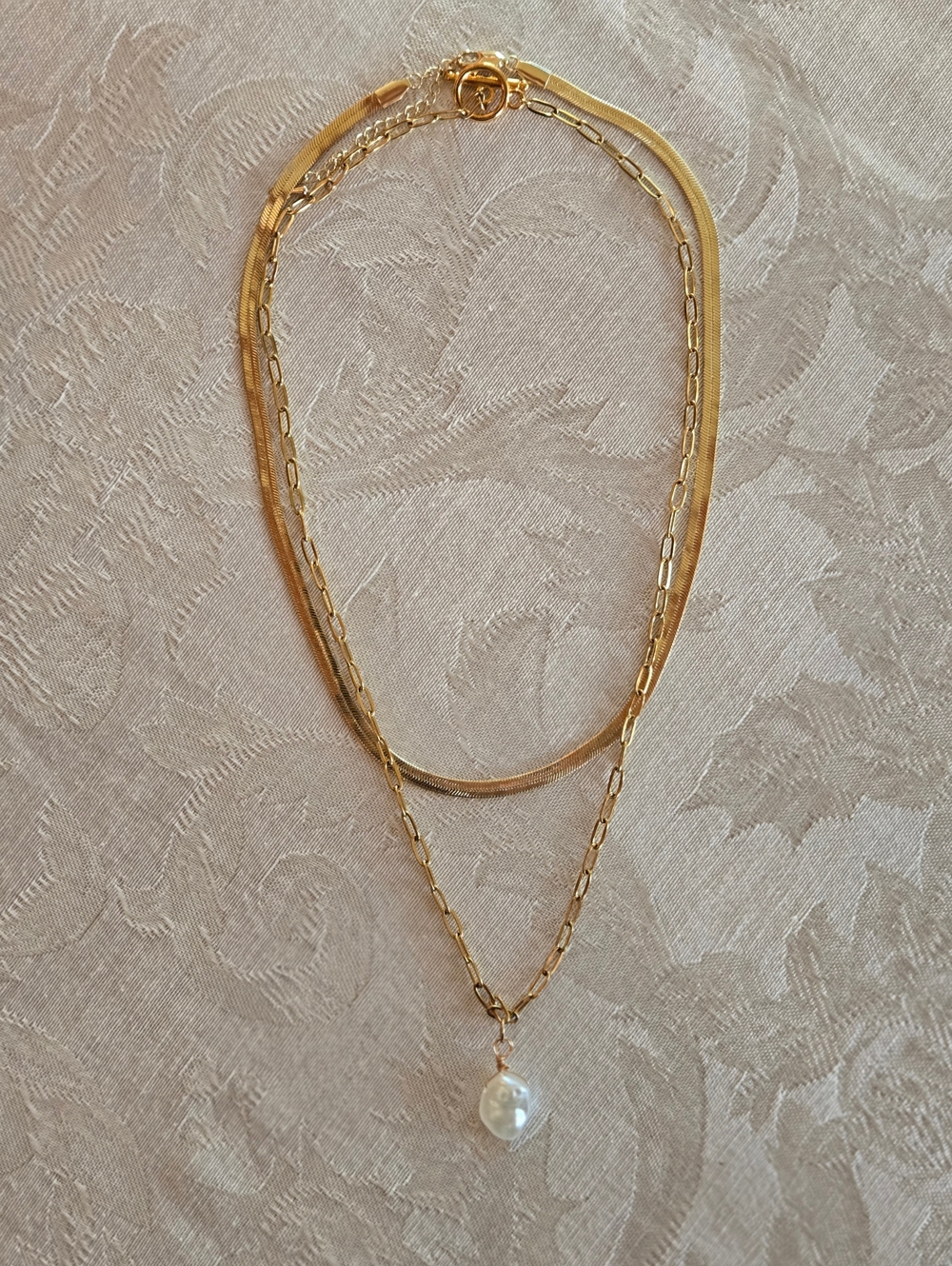Gold Toned Paperclip Pearl Necklace And Herringbone Necklace Set - New